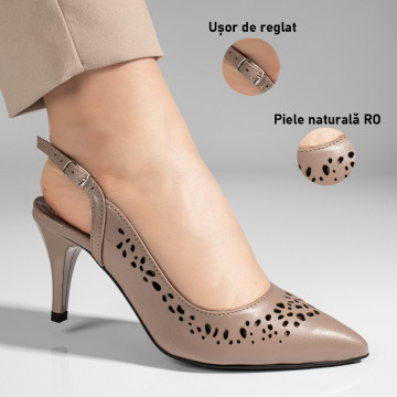 Sandale dama perforate cu toc subtire bej din Piele naturala MOD11306, 3, modlet.ro