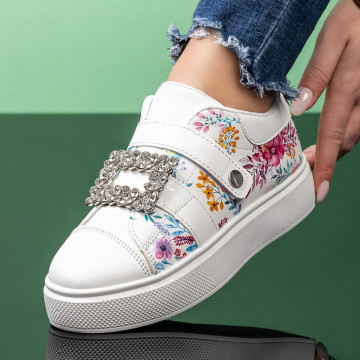 Tenisi dama albi cu accesoriu decorativ si model floral MOD08086, 3, modlet.ro