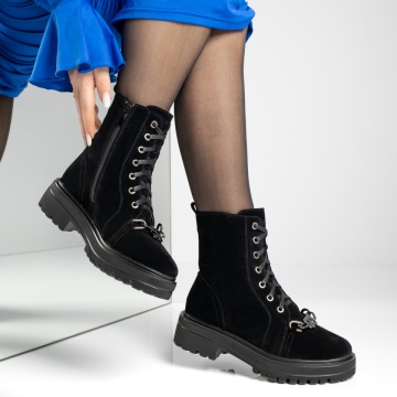 Bocanci dama cu accesoriu metalic negru suede MOD12623, 4, modlet.ro