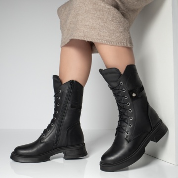 Bocanci dama negri cu siret si fermoar din Piele naturala MOD09642