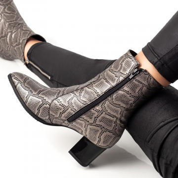 Botine cu toc dama gri cu print din Piele naturala MOD07592, 2, modlet.ro