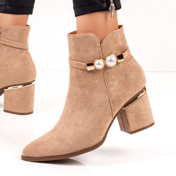 Botine dama cu accesoriu metalic si toc gros khaki MOD06700