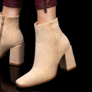 Botine dama cu toc gros si fermoar bej suede MOD07346, 3, modlet.ro