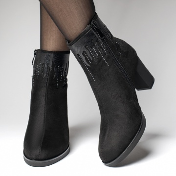 Botine dama cu toc gros si imprimeu negru suede MOD12373, 3, modlet.ro