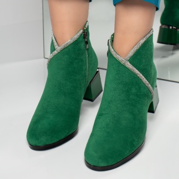 Botine dama cu toc gros si strasuri aplicate verde suede MOD12594, 3, modlet.ro