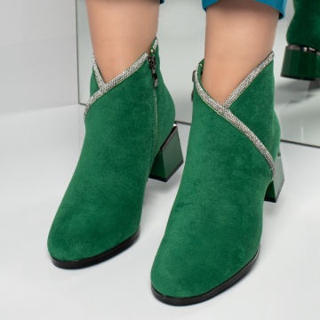 Botine dama cu toc gros si strasuri aplicate verde suede ZEF12594, 3, zeforia.ro