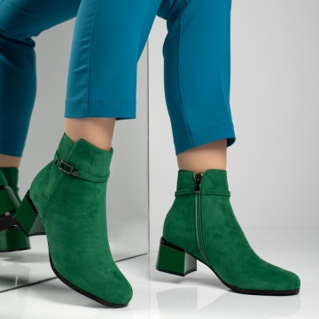 Botine dama cu toc si accesoriu decorativ verde suede ZEF12595, 3, zeforia.ro