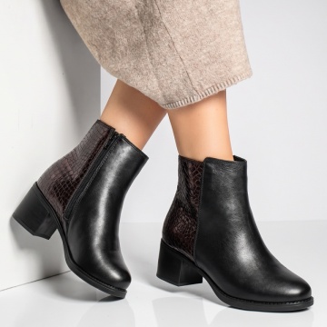 Botine dama cu toc si imprimeu negru cu visiniu din Piele naturala BIA31, 3, modlet.ro
