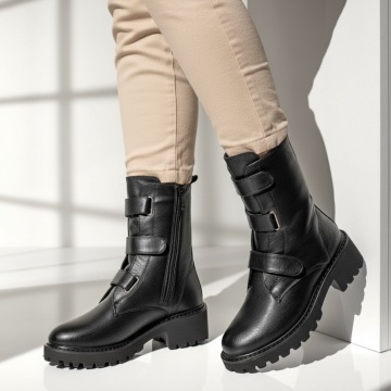 Cizme dama, Cizme dama cu fermoar si curele negre MOD12706, modlet.ro