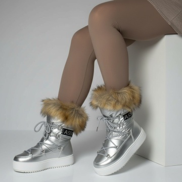 Cizme dama, Cizme dama scurte argintii cu siret MOD12540, modlet.ro