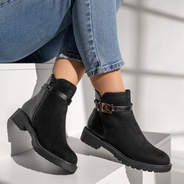 Ghete dama cu fermoar si accesoriu metalic negre suede ZEF12244, 3, zeforia.ro