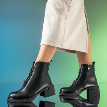 Ghete dama cu siret elastic si toc gros negre din Piele naturala MOD14038, 4, modlet.ro