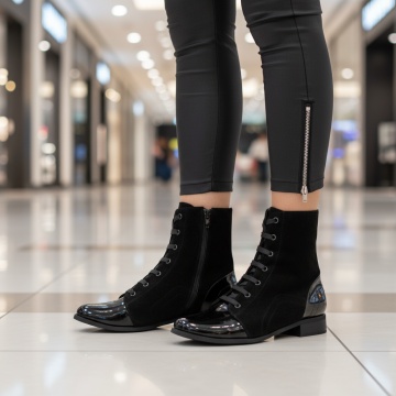 Ghete dama cu siret si fermoar negru suede din Piele naturala MOD07602, 2, modlet.ro