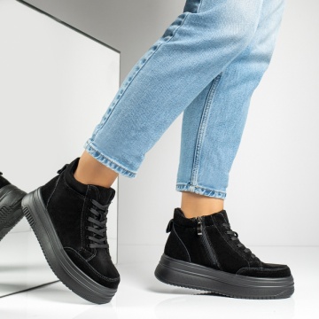 Ghete dama cu siret si talpa groasa negru suede din Piele naturala MOD14014, 3, modlet.ro
