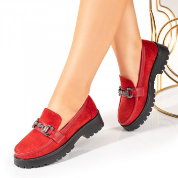 Mocasini dama cu accesoriu metalic rosii suede MOD10339, 3, modlet.ro