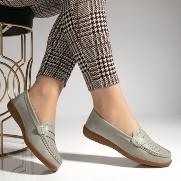 Mocasini dama cu perforatii gri din Piele naturala MOD08257, 4, modlet.ro