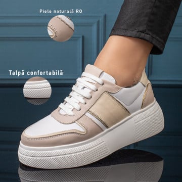 Pantofi casual dama albi cu nude si talpa groasa din Piele naturala ZEF11128, 3, zeforia.ro