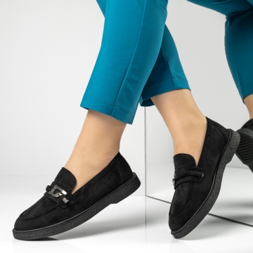 Pantofi dama, Pantofi casual dama cu accesoriu metalic negri suede MOD14198, modlet.ro