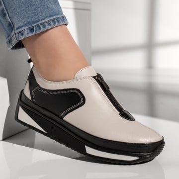 Pantofi casual dama cu fermoar alb cu negru din Piele naturala ZEF13145, 4, zeforia.ro