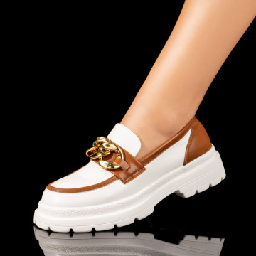 Pantofi casual dama cu lant decorativ albi cu maro MOD03093, 2, modlet.ro