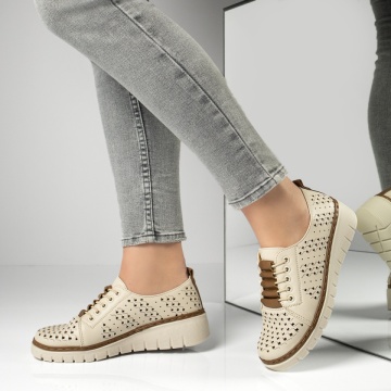 Pantofi casual dama cu perforatii bej cu khaki MOD13155, 3, modlet.ro