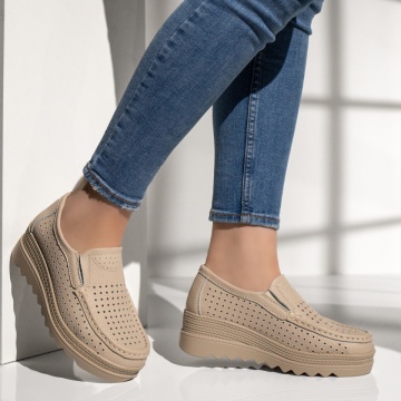 Pantofi casual dama cu perforatii bej din Piele naturala MOD13102, 3, modlet.ro