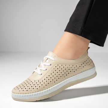 Pantofi casual dama cu perforatii bej din Piele naturala MOD13302, 2, modlet.ro