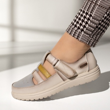 Pantofi casual dama cu perforatii si inchidere cu scai bej cu gri MOD13320, 2, modlet.ro