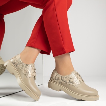 Pantofi casual dama cu siret bej cu print din Piele naturala MOD13415, 4, modlet.ro