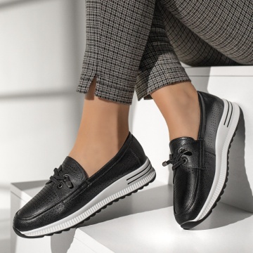 Pantofi casual dama cu siret elastic si perforatii negri MOD13112, 2, modlet.ro