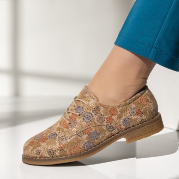 Pantofi dama, Pantofi casual dama cu siret si imprimeu bej MOD14309, modlet.ro