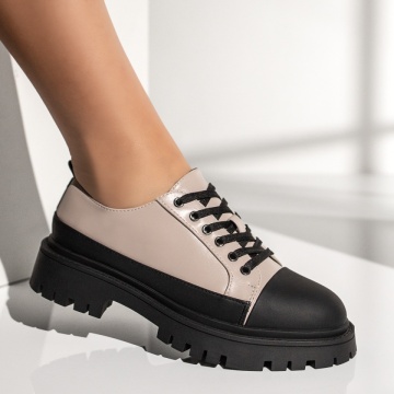 Pantofi casual dama cu siret si talpa groasa bej cu negru MOD13371, 3, modlet.ro