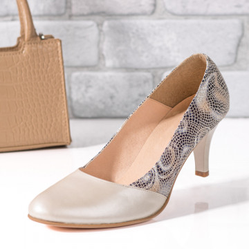 Pantofi cu toc dama bej cu print din Piele naturala MOD07838, 2, modlet.ro