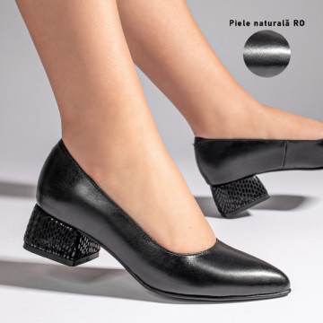 Pantofi cu toc dama negri cu imprimeu din Piele naturala MOD11001, 3, modlet.ro
