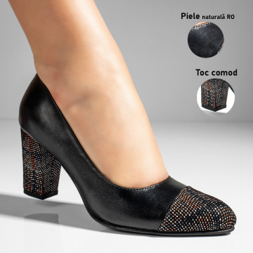 Pantofi cu toc dama negri cu print din Piele naturala MOD11002, 3, modlet.ro