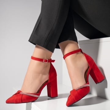 Pantofi cu toc, Pantofi cu toc dama si bareta pe glezna rosii suede LIA92, modlet.ro