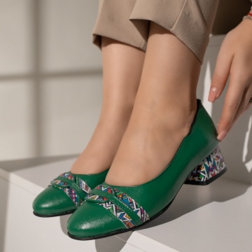Pantofi cu toc dama si imprimeu verzi din Piele naturala MOD12046, 3, modlet.ro