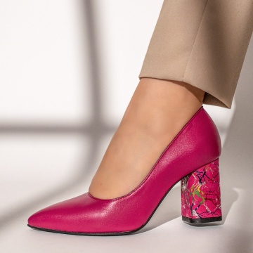 Pantofi cu toc dama si print roz din Piele naturala MOD12047, 1, modlet.ro