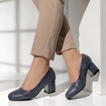 Pantofi cu toc, Pantofi cu toc gros dama si imprimeu albastri MOD14192, modlet.ro