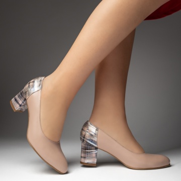 Pantofi cu toc gros dama si imprimeu bej din Piele naturala ZEF13474, 3, zeforia.ro