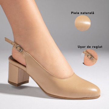 Pantofi cu toc gros si bareta bej din Piele naturala MOD11063, 3, modlet.ro