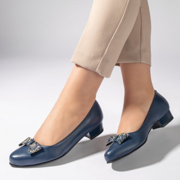 Pantofi cu toc mic albastri inchis dama din Piele naturala MOD11254, 2, modlet.ro
