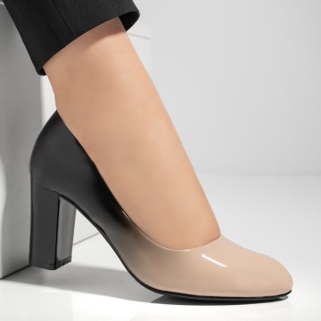 Pantofi dama cu toc gros bej cu negru luciosi MOD01371, 4, modlet.ro