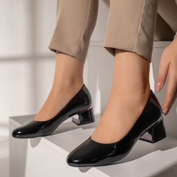 Pantofi dama cu toc gros negri cu aspect lucios MOD12115, 1, modlet.ro