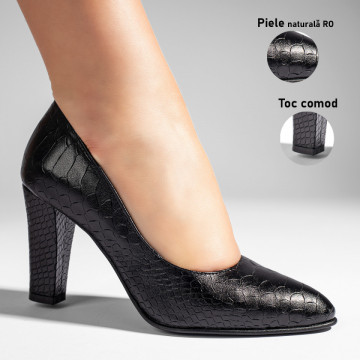 Pantofi dama cu toc gros negri cu print din Piele naturala MOD10220, 3, modlet.ro