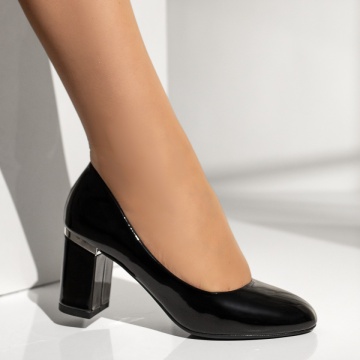 Pantofi dama cu toc gros negri luciosi MOD09698, 3, modlet.ro