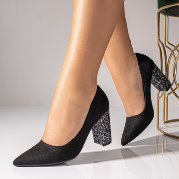 Pantofi dama cu toc gros negri suede cu toc argintiu MOD08567, 3, modlet.ro