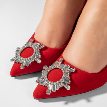 Pantofi dama cu toc gros si accesoriu metalic rosu suede MOD10984, 5, modlet.ro