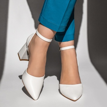 Pantofi dama cu toc gros si bareta albi MOD13101, 3, modlet.ro