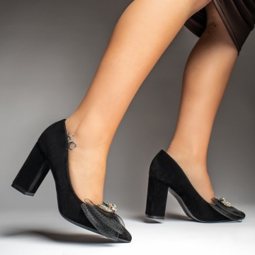 Pantofi dama cu toc gros si fundita negru suede MOD10991, 3, modlet.ro